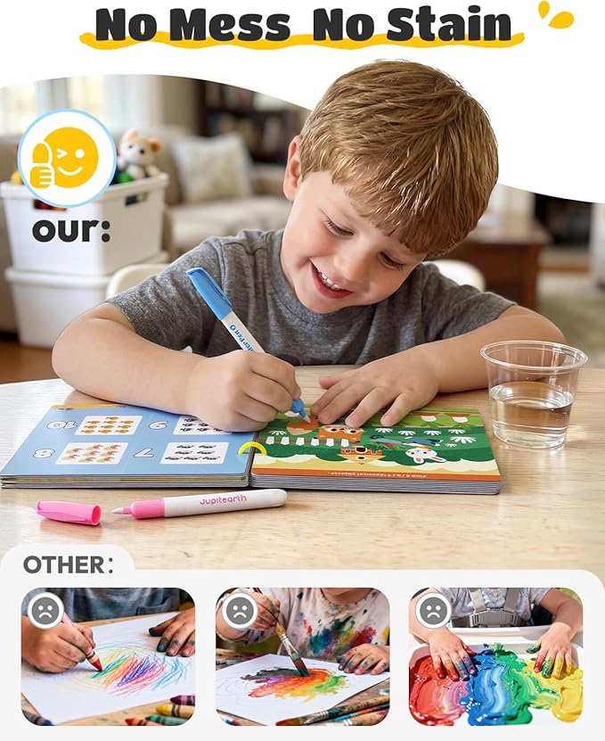 JUPITEARTH Mess Free Coloring Book, Reusable Water Painting Book with 2 Refillable Water Pens 28 Pages, Travel Airplane Road Trip Activity for Toddlers