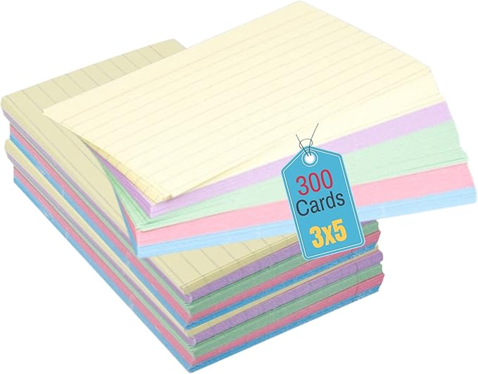 1InTheOffice Colored Index Card 3x5, Pastel Index cards, Ruled Flash Cards, Assorted Color, 300 Pack