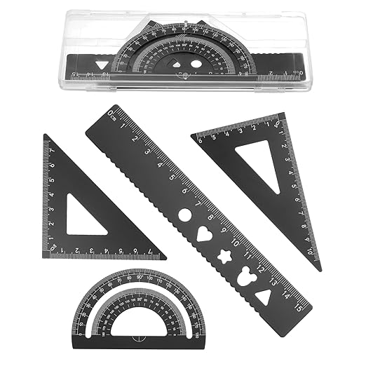 PATIKIL 4 Pcs Geometry Drafting Tool, Aluminum Alloy Geometry Kit Math Tool Includes 15cm L Ruler Protractor Triangles for Drafting Angle Measure Simple Science Experiment, Black