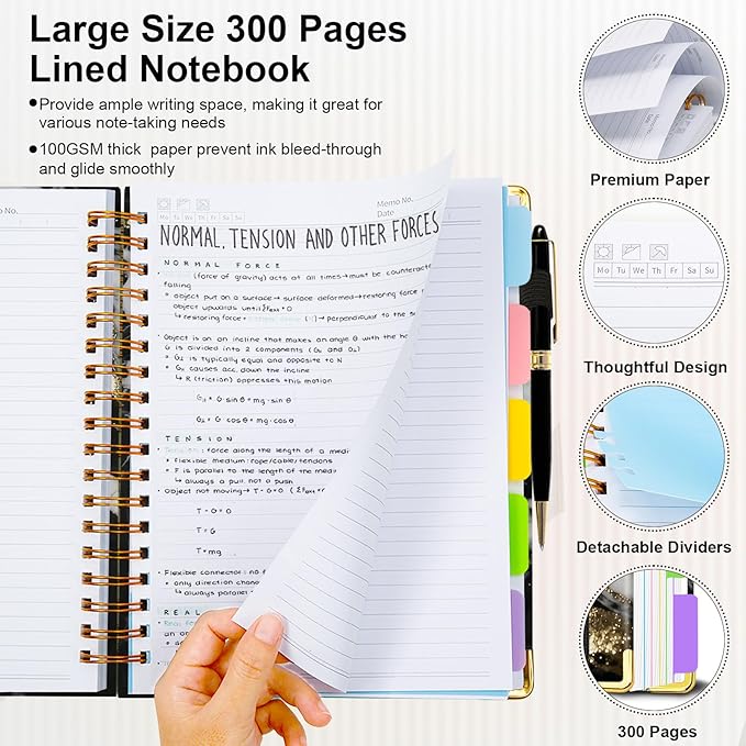 Spiral Journal Notebooks for Work, 300 Pages 5 Subject Notebook College Ruled with Dividers & Tabs, 8''x 10'' Large Notebook Journal for Women Students Note-Taking and Organizer (Midnight Marble)