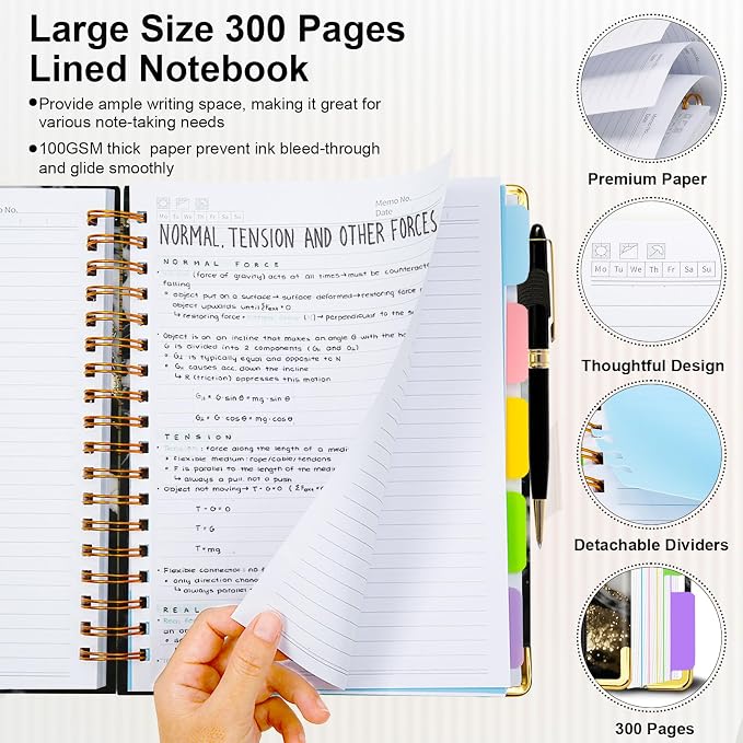 Spiral Journal Notebooks for Work, 300 Pages 5 Subject Notebook College Ruled with Dividers & Tabs, A4 Notebook Journal for Women Students Note-Taking and Organizer (Midnight Marble)