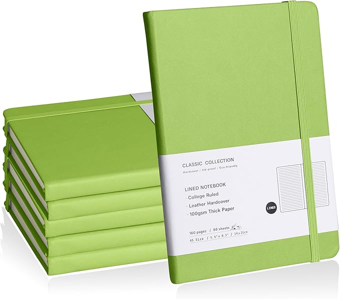 Lined Journal Notebook, 6Pack Hardcover Notebook for Men & Women – Journals for Writing, Work, School, Home & Daily Notes, 160 Pages – Medium A5, 5.7"x8", 100 gsm Thick Paper (Grass Green)