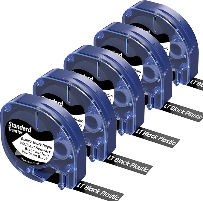 5-Pack Black Label Maker Tape Replace for Dymo Letratag Refills White on Black 913318 Compatible with Dymo Letra Tag Label Maker Refills 1/2'' for Letratag LT-100H LT-100T Plus LT-200B QX50 XM XR 2000