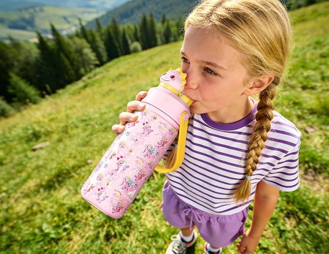 POWCAN 18 oz Kids Water Bottle: 2-in-1 Straw Spout Lid with Soft Animal Head, Leakproof, Backpack Friendly, Keep Cold 24H, Cute Patterns, Insulated Cup for School, Playtime, Trip, Gift (Lovely Trike)