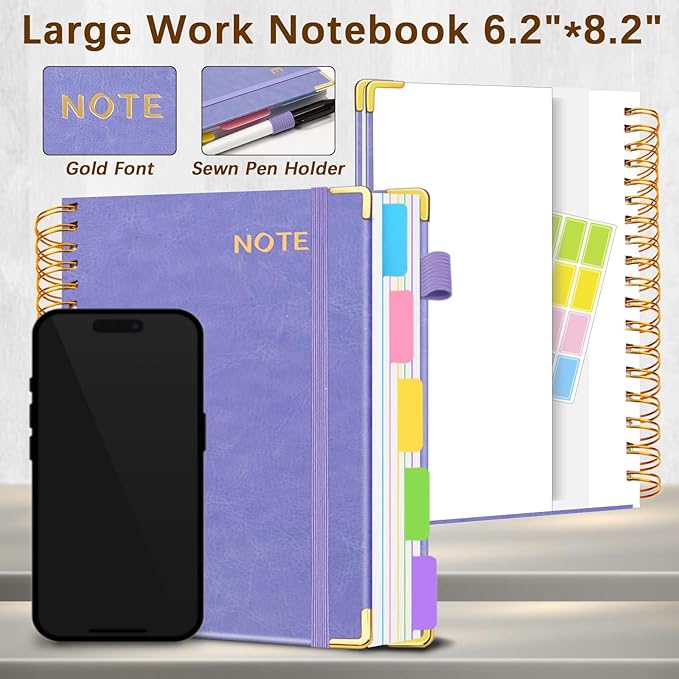 Hardcover Spiral Notebooks for Work 6.2"x 8.2", 300 Pages 5 Subject Notebook with Dividers & Tabs, A5 Spiral Journal for Women, College Ruled Notebook for School Note-Taking (Lilac Purple)