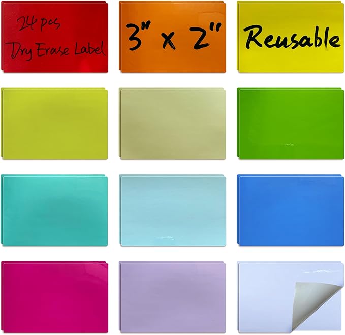 Mr-Label - 24pcs 3"x2" Reusable Dry Erase Labels – Rewritable Sticky Notes – Wash to Clean Identify Tags - for Office Organization, Home Sorting, and Classroom Management(12 Colors-Thin, 3"x2")