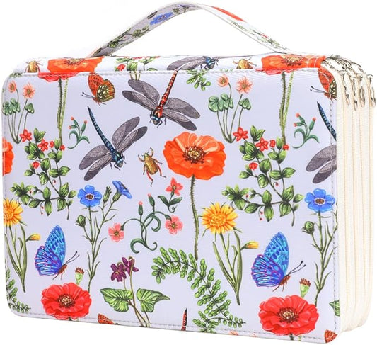 Vomgomfom 200 Slots Pencil Bag, 4-Layer Zipper Portable Art Supply Organizer, PU Leather Large Capacity Colored Pencil Case with Handle for 200 Watercolor Pens, Gel Pens (White)