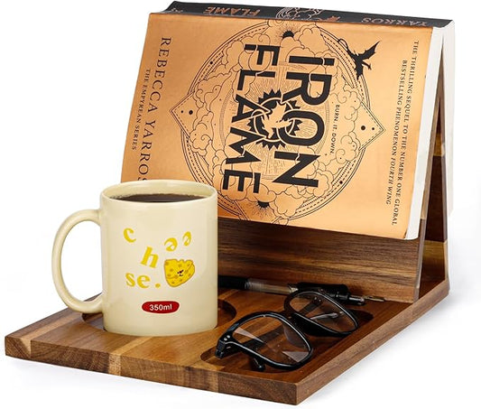 Wooden Book Stand for Reading Rest, Acacia Triangle Book Holder with Cup, Glasses, Pen & Phone Holder, Book Nook Reading Valet for Book Lover Gifts