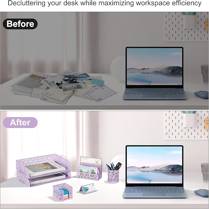 EasyPAG Desk Organizers and Accessories 5 Pieces Office Supplies Set - 2 Tier Paper Tray, Pencil Organizer for Desk, Mail Sorter Countertop, Business Card Holder and Sticky Note Holder, Purple