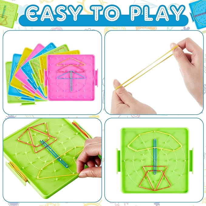 Deekin 36pcs Double Sided Geoboard Mathematical Kids Geoboards with Rubber Bands Math Manipulatives Toy for Geometry, 6.9 x 6.3 Inches Classroom Back to School