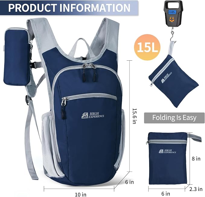 Small Hiking Backpack Packable Lightweight for Women Men | 10L/15L, Hiking Daypack, Foldable, Water Resistan, Ultralight, with Phone Pocket, Travel, Outdoor, Walking