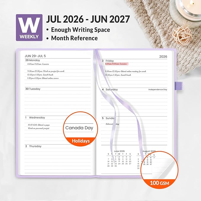 SUNEE 2026-2027 Pocket Weekly Planner for Purse 3.5" x 6" - 12 Month (July 2026 - June 2027) Academic Year Calendar, Pocket Size Planner, Hardcover, Note, 100 GSM Paper, Purple
