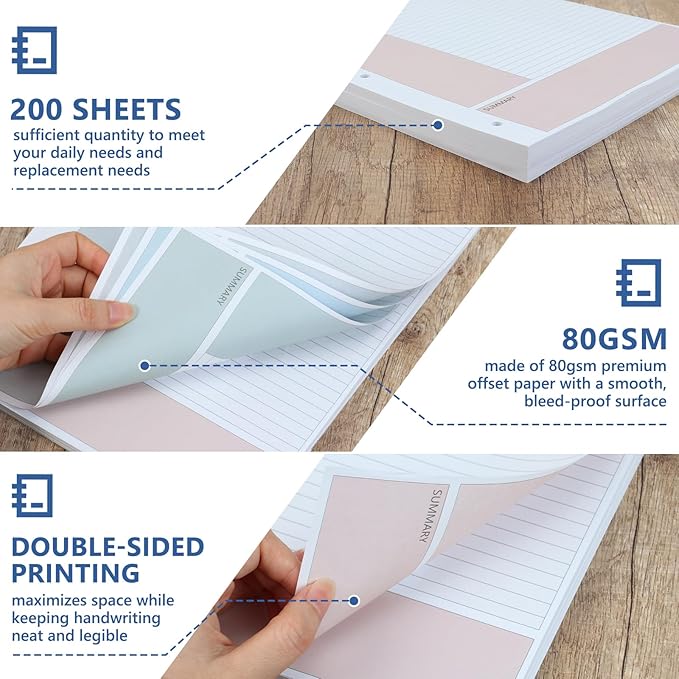 200 Sheet Colored Cornell Notes Loose Leaf Paper 8.5×11 Inch for 3 Ring Binder College Ruled Taking System Filler Paper Letter Size Notebook Refill Paper Bulk for School Office Business Home 80gsm