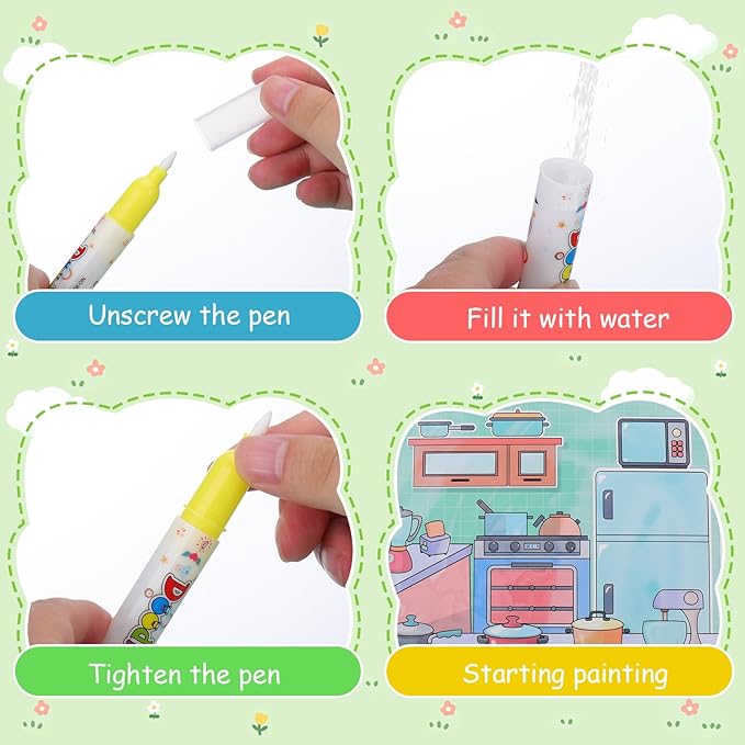 Vodolo Water Painting Book for Toddlers - 4 Pack Reusable Magic Water Coloring Book with 4 Water Pen, Mess Free Painting for Toddlers,No Mess Paint Coloring for Ages 3+ Travel Activity Toys