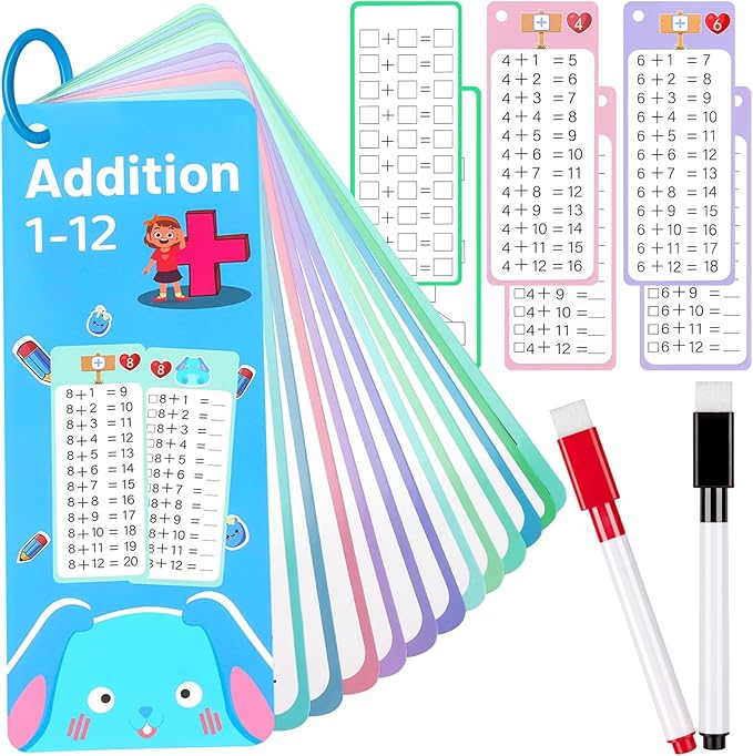 15Pcs Addition Flash Cards, Addition Chart 1-12 with 2 Dry Erase Pens 1 Rings, Time Table Flash Cards for 1st to 3rd Grades Fun Learning with Math Game