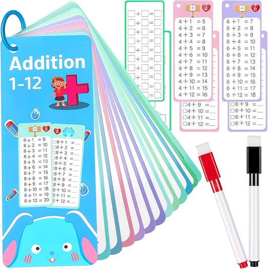 15Pcs Addition Flash Cards, Addition Chart 1-12 with 2 Dry Erase Pens 1 Rings, Time Table Flash Cards for 1st to 3rd Grades Fun Learning with Math Game
