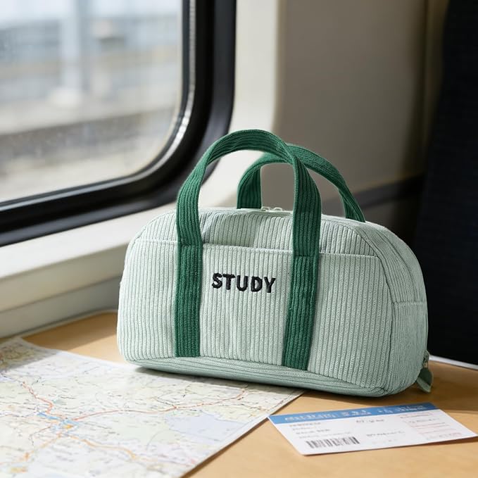 EASTHILL Corduroy Hand-held Pencil Case Large Cute Pencil Pouch Stationery Pen Bag for Teen Girls-Green