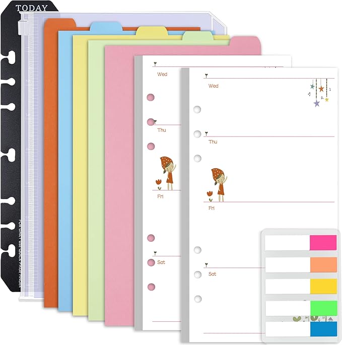 Rancco A6 Planner Inserts Weekly Planner Refills, 90 Pages Colorful 6-Ring Loose-leaf Paper Binder Inserts w/Divider, PVC Pouch, Ruler, Index Tab for Journal, Filofax, Double-sided, Undated, 6.9x3.7"