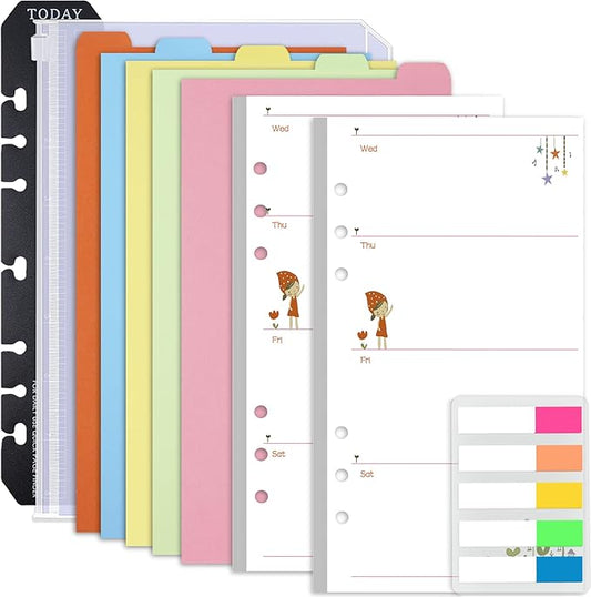 Rancco A6 Planner Inserts Weekly Planner Refills, 90 Pages Colorful 6-Ring Loose-leaf Paper Binder Inserts w/Divider, PVC Pouch, Ruler, Index Tab for Journal, Filofax, Double-sided, Undated, 6.9x3.7"