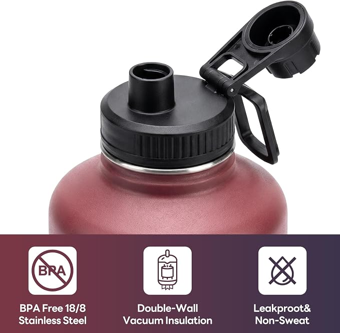 Navigate 64 oz Insulated Stainless Steel Sports Water Bottle with Spout & Handle Lids,Wide Mouth Water Jug with Double Walled Leak Proof Keep Cold for 24 Hrs Hot for 12 Hrs, Red to Black