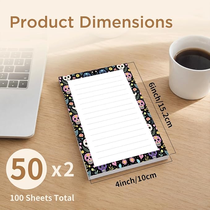 Lined Sticky Notes 4x6 in, 2 Pack Large Cute Notepads with Lines, Bright Post Memo Note Pads Big Rectangular Sticky Notes for Office Colorful Skull Flowers
