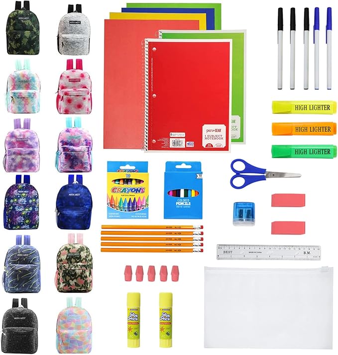 12-Pack 17” Sport Backpacks with 52 Piece School Supplies Kits - Pens, Pencils, Crayons – Bulk Bundle for Elementary, Middle, and High School Students, 12 Assorted Styles