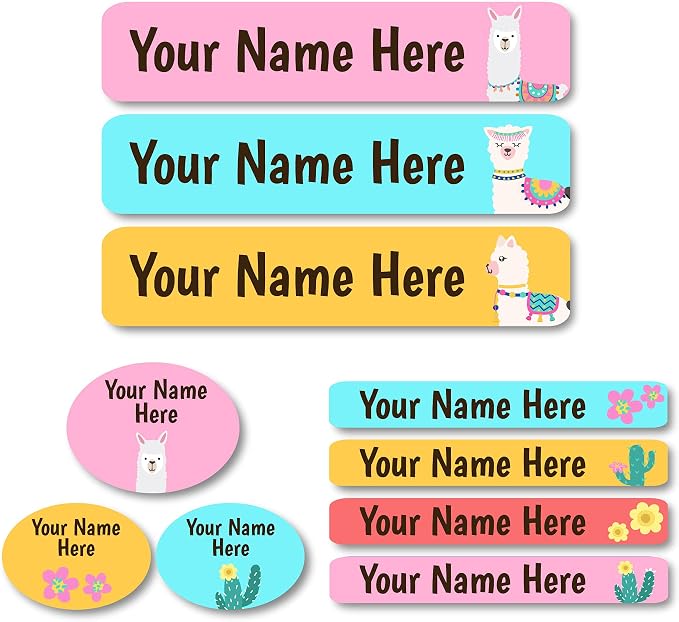 Lovable Labels Personalized Labels for Kids (85 Labels/Pack) - 3 Label Sizes Waterproof Dishwasher Safe Peel & Stick Labels for School Supplies Daycare Camp Clothing Bottles (FA La La Llama)