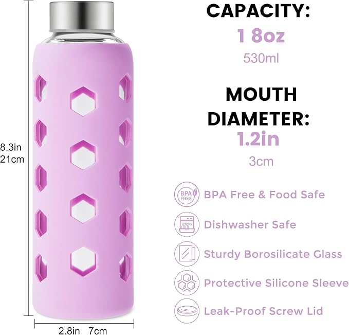 Mrsdry 18 oz Glass Water Bottles with Lids & Silicone Sleeves, 4-Pack | BPA Free, Leak-Proof Reusable Glass Drinking Bottles with Stainless Steel Airtight Cap for Juicing, Dishwasher Safe, Non-Slip