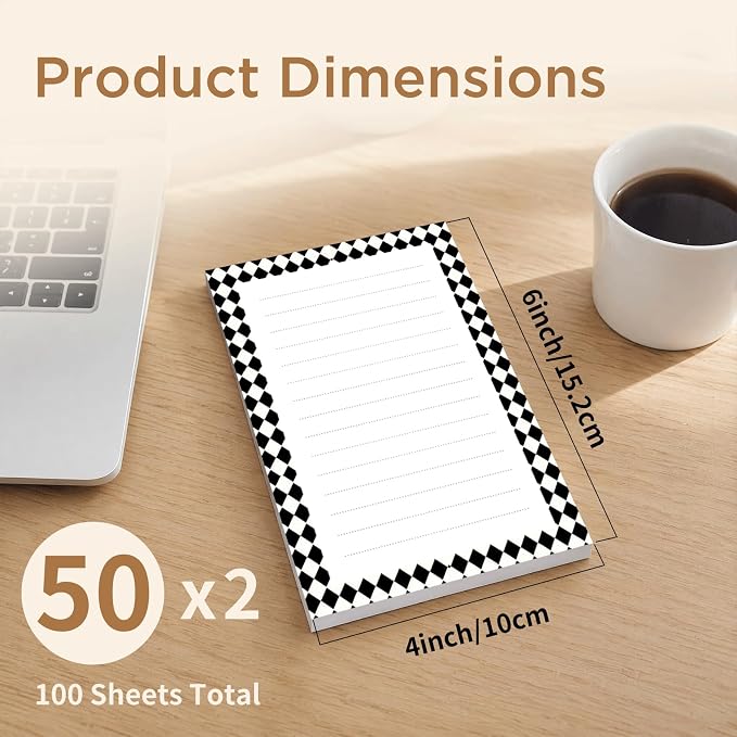 Lined Sticky Notes 4x6 in, 2 Pack Large Cute Notepads with Lines, Bright Post Memo Note Pads Big Rectangular Sticky Notes for Office Black White Plaid