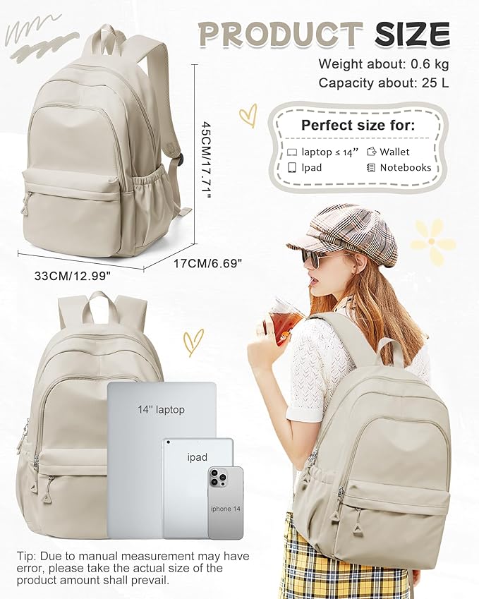 BJLFS Khaki School Backpack for Girls Women Waterproof High School Book Bag Cute Backpack for Men Teens Boys, Lightweight Simple Middle School Back Pack Daypack