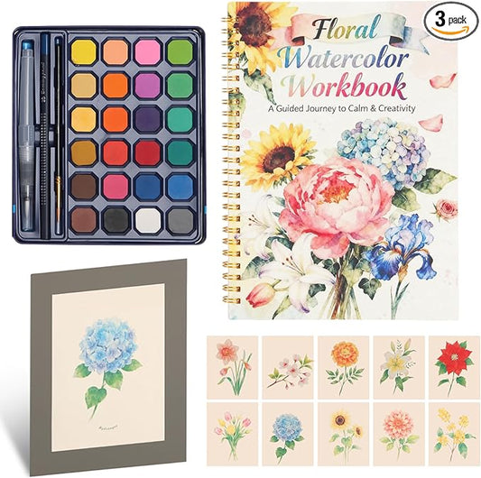 Floral Watercolor Painting Kit for Adults & Beginners with 24 Paints, 3 Brushes,Watercolor Workbook & photo album | 12 Original DIY Patterns, Step-by-Step Tutorials | Beginner-Friendly Creative Gift
