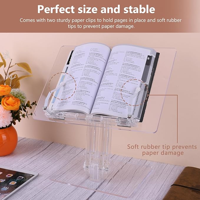 Acrylic Book Stand for Reading, Adjustable Foldable Book Holder with 180° Rotating Base & Page Clips, Portable Transparent Tablet Holder for Cookbook, Laptop, Tablet, Music Scores, Recipe, Textbook