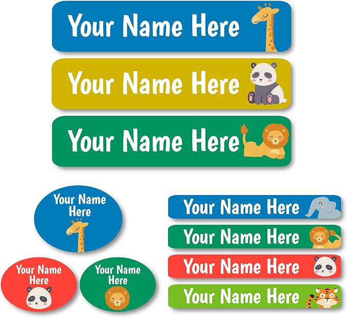 Lovable Labels Personalized Labels for Kids (85 Labels/Pack) - 3 Label Sizes Waterproof Dishwasher Safe Peel & Stick Labels for School Supplies Daycare Camp Clothing Bottles (Safari Friends)