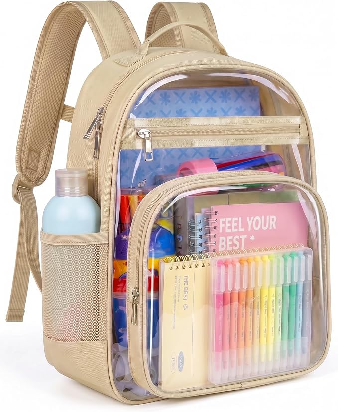Soimeat Clear Backpack for Girls Boys - Kids Clear Bookbag - Fabric & PVC Transparent Backpacks for Elementary School, Khaki
