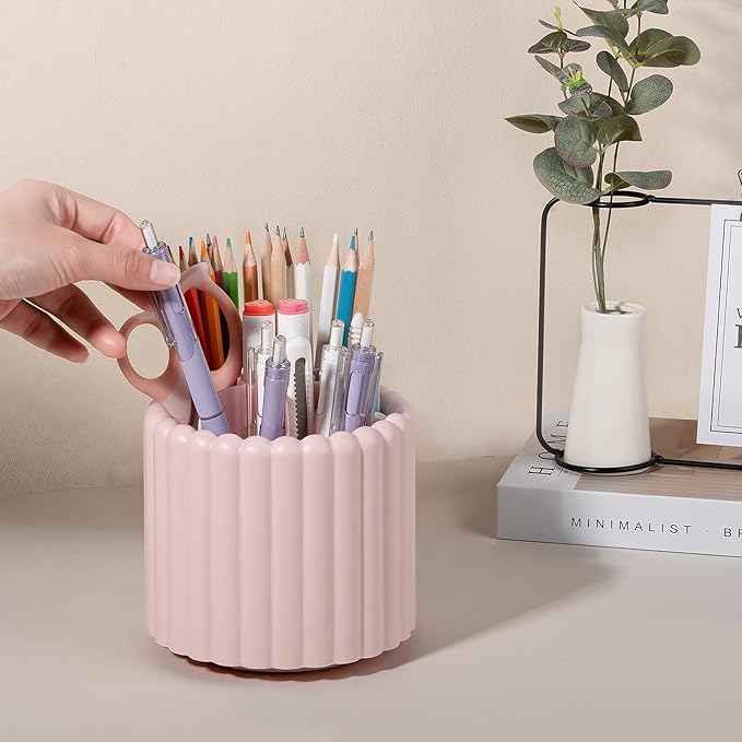 Anyoifax 360° Rotating Pen Holder 7 Slots Desk Organizer Removable Pencil Cup Plastic Art Supplies and Accessories Desktop Storage Box Caddy for Office, School, Home (Pink)