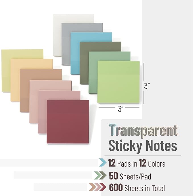 Mr. Pen- Transparent Sticky Notes, 3" x 3", 12 Pads, 600 Sheets, See Through Self-Adhesive Notes for Bible Journaling and Studying, Water-Resistant, Easy to Peel, Clean Removal