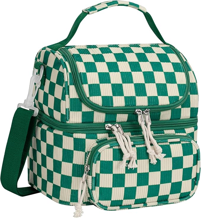 HowFly Lunch Bag for Women Insulated Lunch Boxes Corduroy Resuable Lunch Box for Girls Teens Kigs Boys Portable Thermal Cooler Bags for School Work, Green Checkered