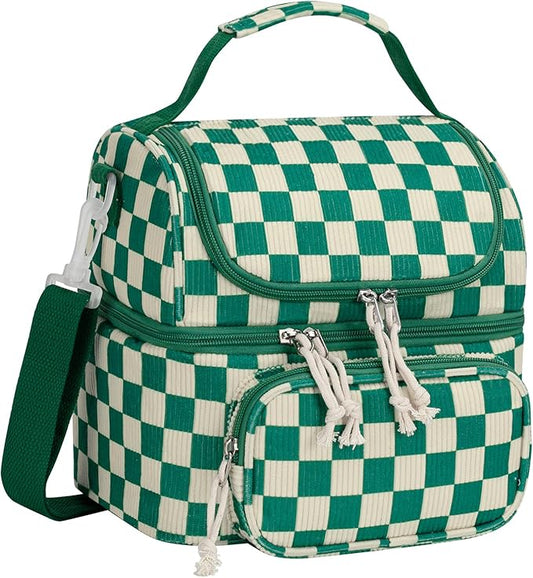 HowFly Lunch Bag for Women Insulated Lunch Boxes Corduroy Resuable Lunch Box for Girls Teens Kigs Boys Portable Thermal Cooler Bags for School Work, Green Checkered