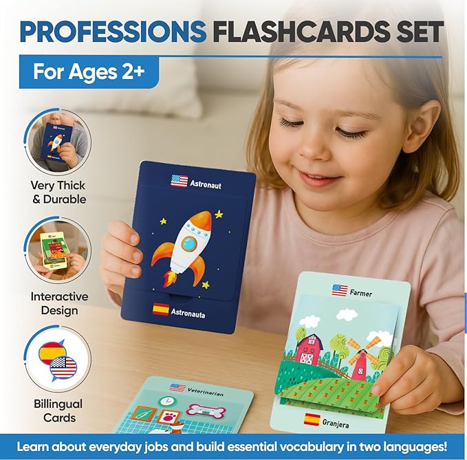 Kidrox Career & Professions Flash Cards, English Learning Cards with Spanish Translations, Interactive Open & Cover, 30 Pack
