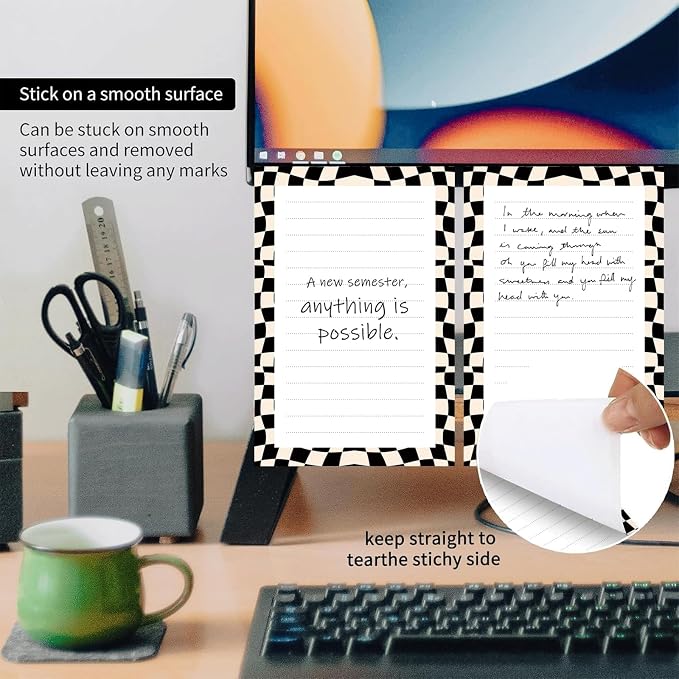 2 Pack Lined Sticky Notes 4x6 in, Cute Self-Stick Notepads with Lines, Large Memo Pads Strong Adhesive for Office, Home Black White Checkerboard