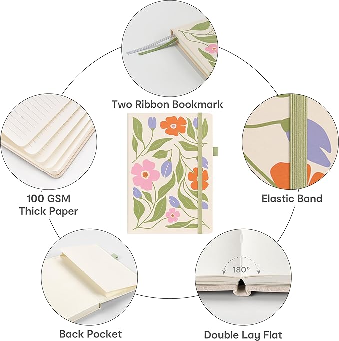&And Per Se Lined Hardcover Notebook – A5 5.7"x8" College Ruled, 160 Pages, 100gsm Thick Paper – Aesthetic Journal for Women, Gift-Ready Planner, Everyday Writing Notebook (Botanical Floral)