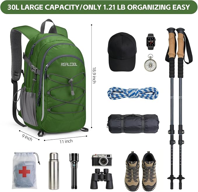 RealCool 30L Lightweight Hiking Backpack, Waterproof Daypack for Camping | 210D tear-resistant nylon, breathable shoulder and back panel, Multi-Compartment,hydration system,reflective strip,bungee net