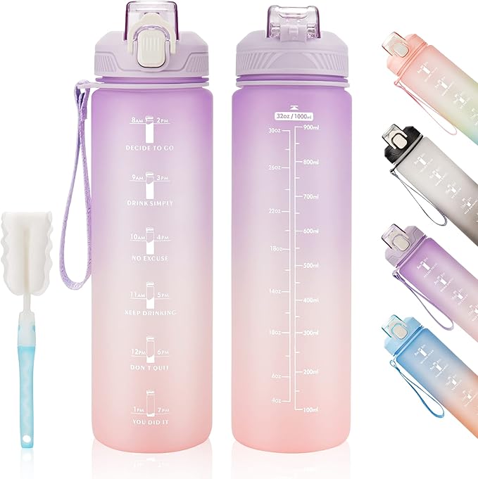 YC Kitchen Motivational Water Bottle with Time Marker- 32oz Water Bottles with Times to Drink, Leakproof & BPA Free Sports Water Bottle with Straw & Carry Strap for Fitness, Gym, and Outdoor Sports