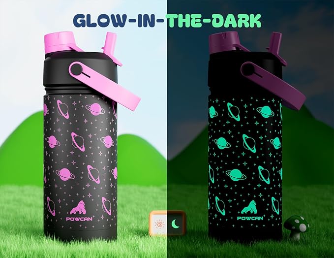 18 oz Kids Insulated Water Bottle: Glow-in-the-Dark, 2-in-1 Straw Spout Lid, Leakproof, BPA-Free, Keep Cold 24H, Stainless Steel Cup for School, Party, Travel, Holiday, Gift (Magic Glow Planet)