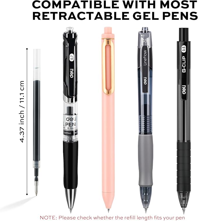 deli Gel Pen Refills, 60 Pcs Retractable Pen Refills Black Ink, Medium Point 0.7mm, Smooth Writing, Fast Dry, No Bleed for Journaling Note Taking, Home School Office Supplies