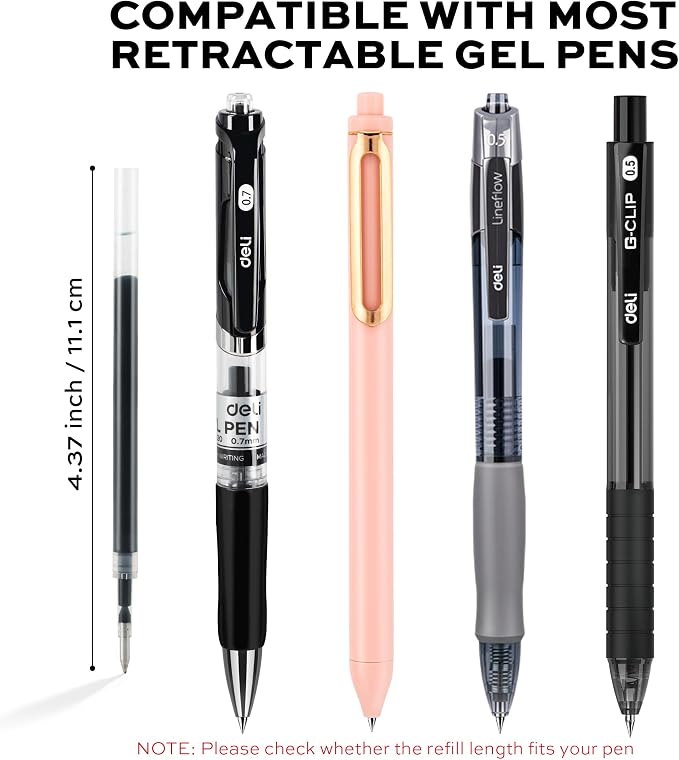 deli Gel Pen Refills, 30 Pcs 0.7mm Retractable Pen Refills Black Ink | Medium Point, Smooth Writing, Fast Dry, No Bleed for Journaling Note Taking, Home School Office Supplies