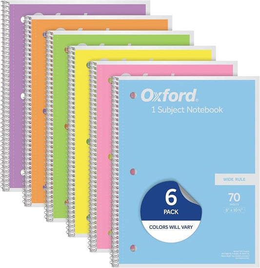 Oxford Spiral Notebooks, 6 Pack, 1 Subject, Wide Ruled Notebooks for School, 8 x 10.5 Inches, 70 Sheets, Assorted Pastel Colors, Back to School Supplies (63757) (Pack of 8)