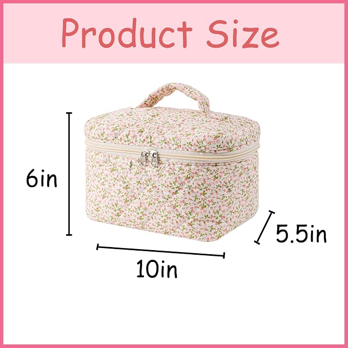 uekeboag Large Travel Quilted Makeup Bag for Women | Soft Floral Cotton Cosmetic Bag, Foldable Coquette Aesthetic Toiletry Organizer