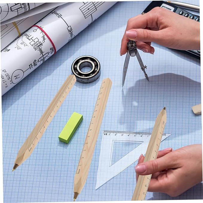 20pcs Natural Biodegradable Wood Ballpoint Pens with Printed Ruler, Black Ink Carpenter Marker Pens for Office, Drafting, and Engineering Use