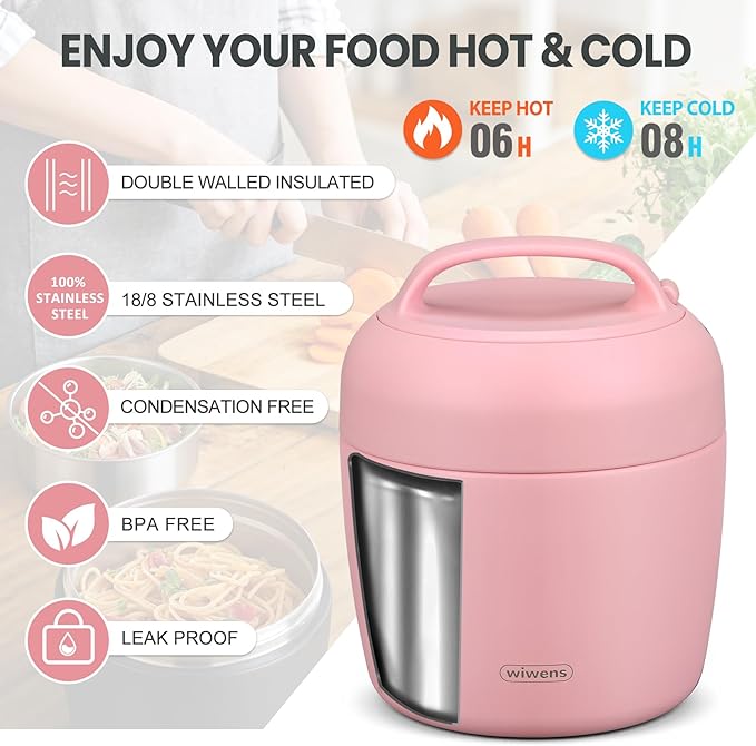 wiwens Thermo Food Jar for Hot Food Adults 32OZ Soup Thermo Lunch Containers Wide Mouth Vacuum Insulated Stainless Steel Leakproof Bento Box with Spoon